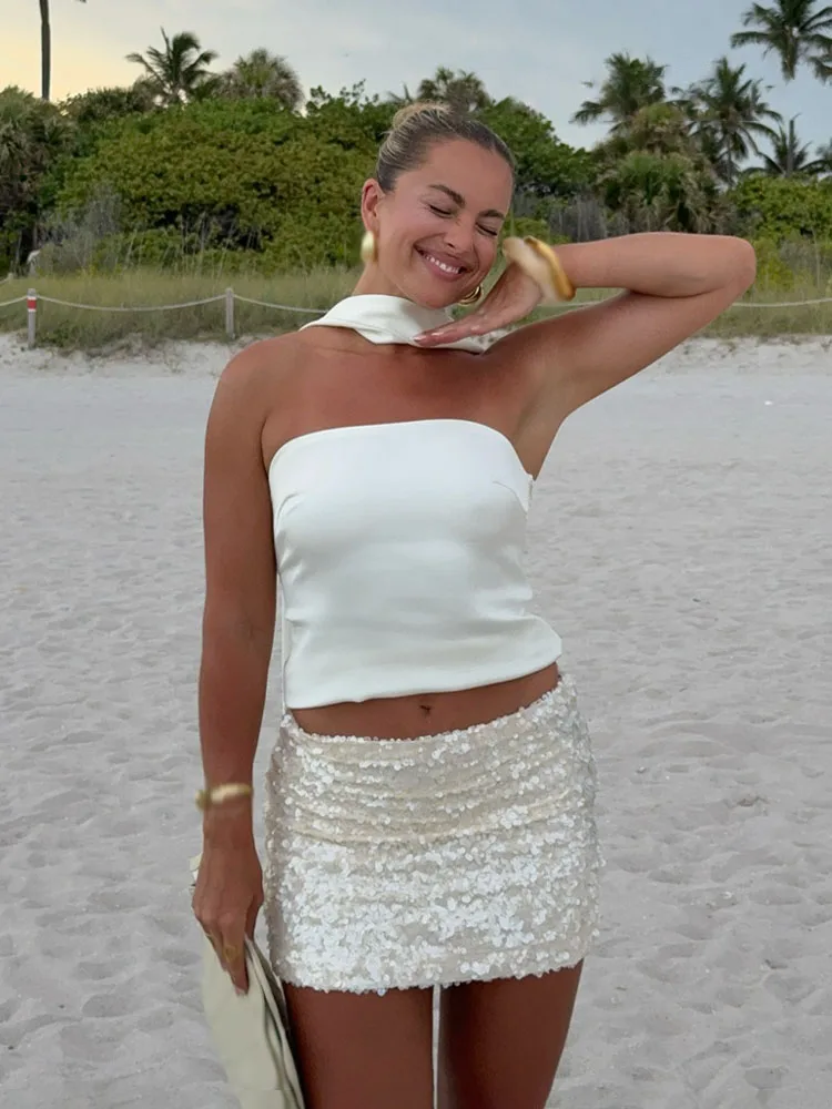 

HH Women Summer Fashion All-Match Sequin Mini Slim Skirt Female Elegant Banquet Zipper High Waist Short A-Line Skirt Mujer