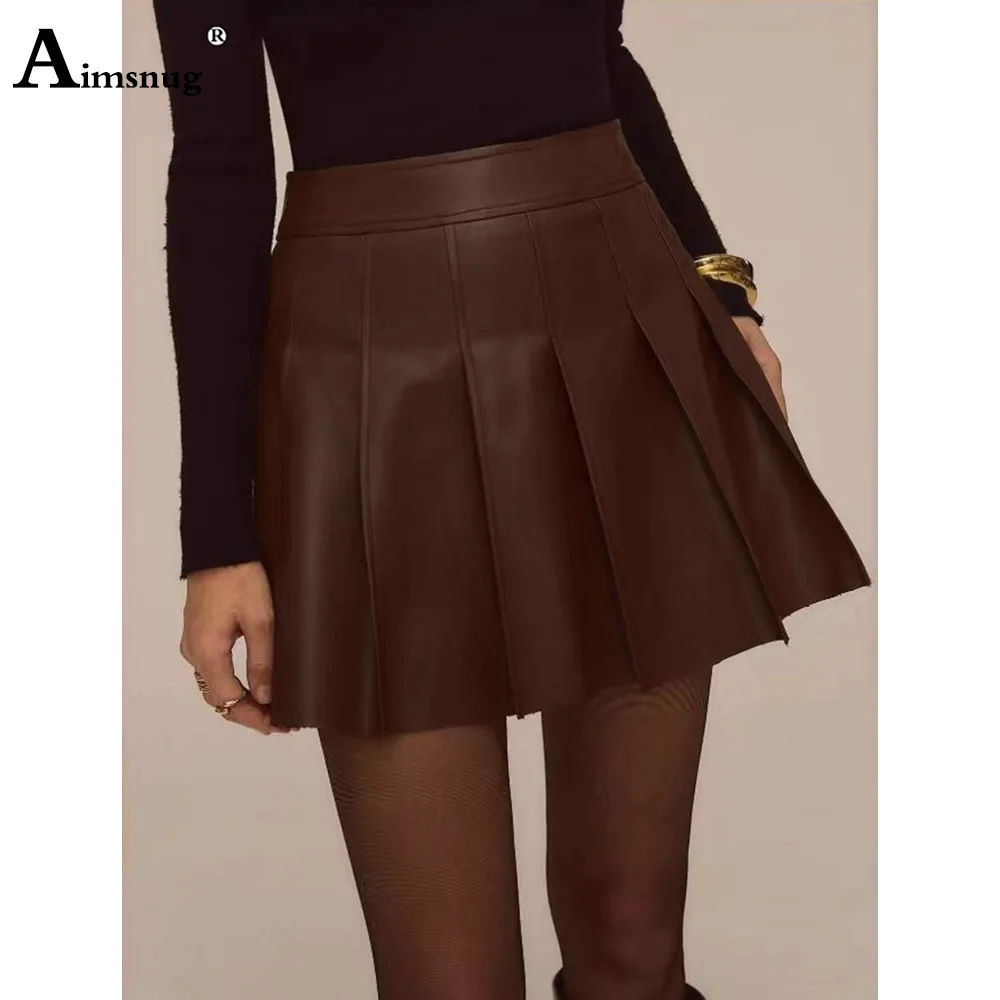 2026 Sexy Fashion Pu Leather Skirts Women High Cut Pleated Skirts Coffee Night Club Dance Bodycon Elastic Waist Short Bottom New