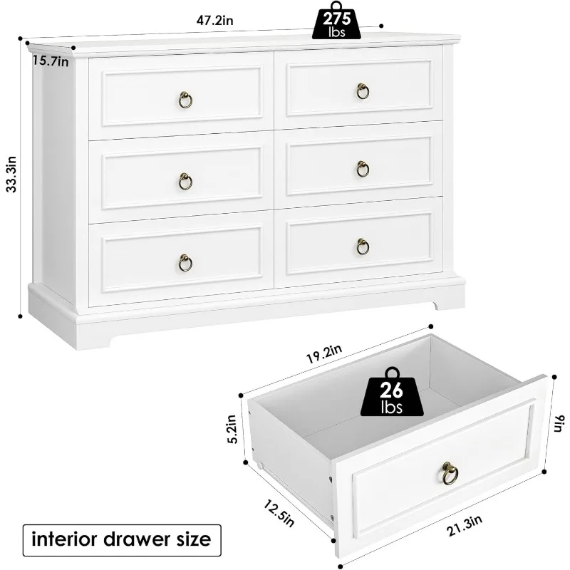 Dresser for Bedroom with 6 Drawers, Chest of Drawers, Wide Wood Double Dressers, Modern Farmhouse Storage Dresser