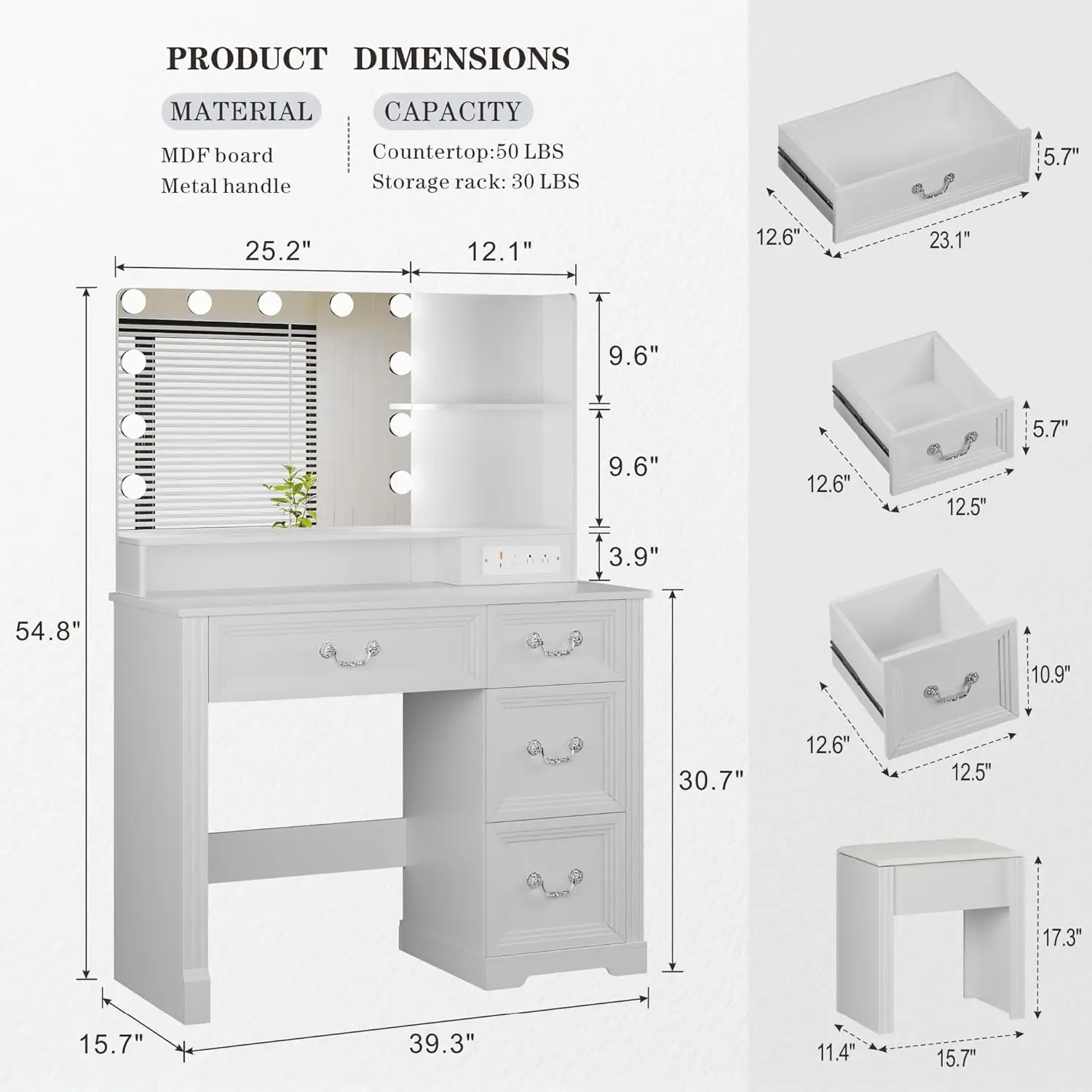 Vanity Desk with Mirror Light and Power Outlet, 39 inch Farmhouse Makeup Table Set with Stool, 3 Color Adjustable Lights Bedroom