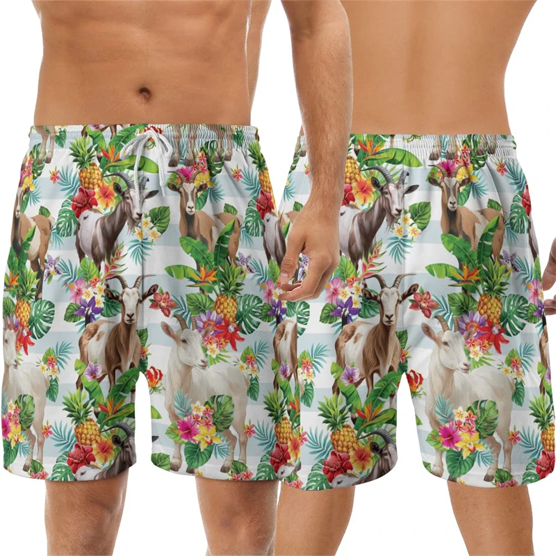 Calça curta masculina de cabra animal estampa 3D, calção de praia casual de cabra havaiana, calção de ovelha, calças Aloha Kids