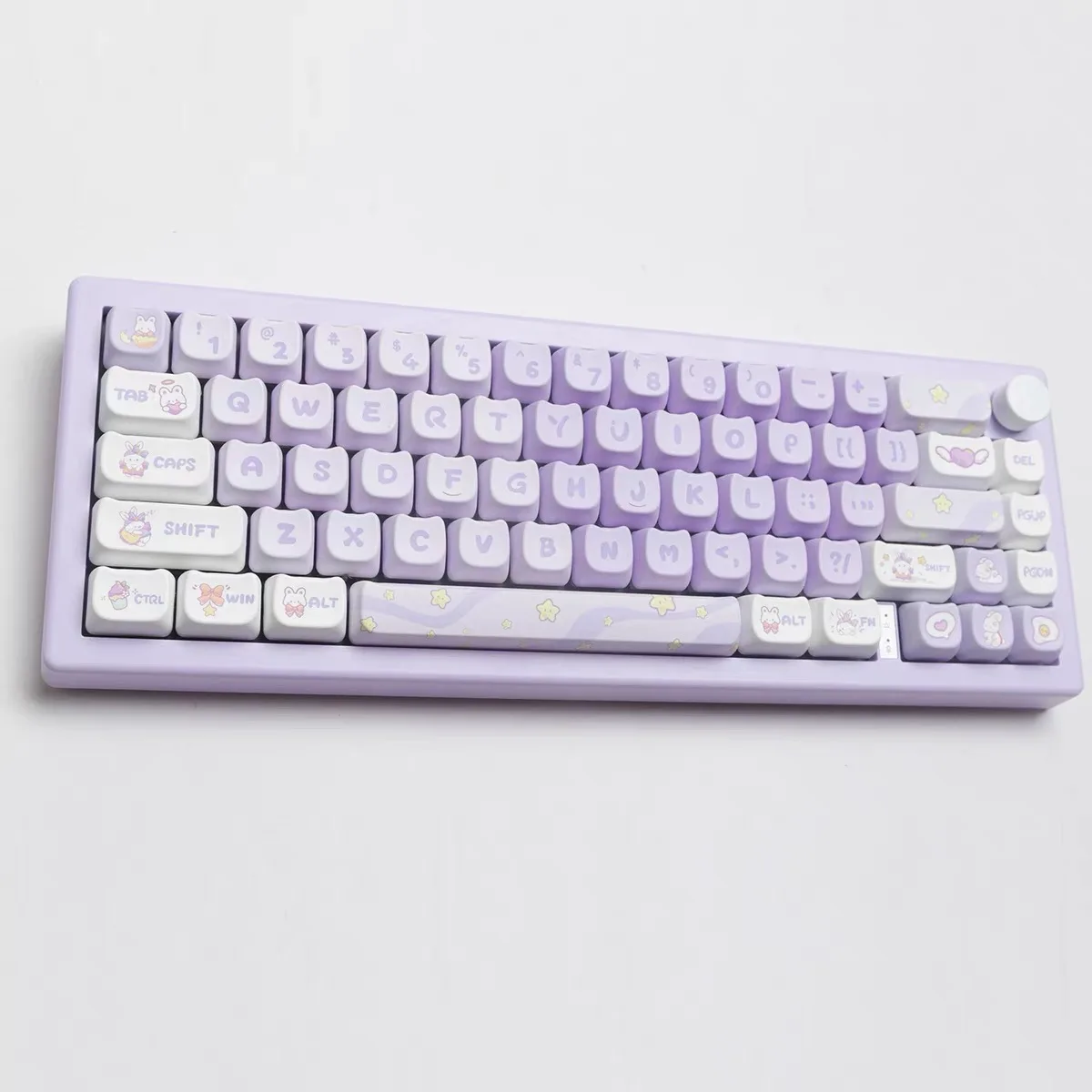 Imagem -03 - Aulidtech-conjunto de Keycap Coelho Roxo Desenhos Animados Bonitos para Interruptor mx Perfil Baixo Cabeça de Orelha de Gato 140 Chaves Sub Dye Pbt 60 75 80 100