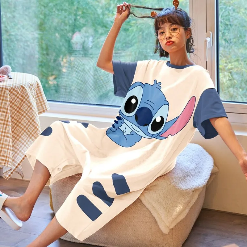 Disney Lilo and Stitch Cartoon Kawaii Stitch Pajamas Pure Cotton Short Sleeve Pajamas Long Pants Home Clothes Gift Wholesale