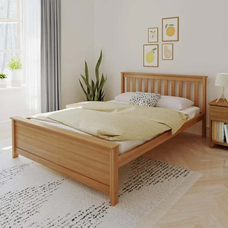 Queen Bed Frame with Slatted Headboard, Solid Wood Platform Bed for Kids, No Box Spring Needed, Easy Assembly, Pecan