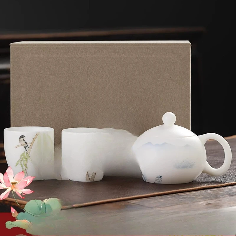 

High-end suet jade porcelain, household Chinese teapot, teacup tea set