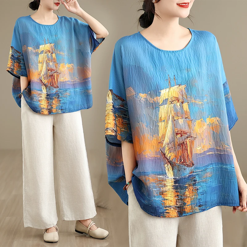 

Свободная женская модная блузка из хлопка и льна с круглым вырезом и рукавами «летучая мышь» для весны и лета. Новинка. Художественный стиль для повседневной носки.