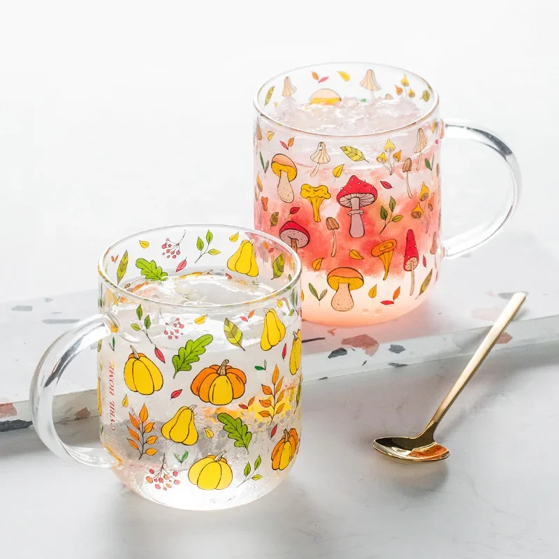 450ML Heat-Resistant with Handle Glass Breakfast Milk Cup Cute Office Home Coffee Mugs Lemon Mushroom Pumpkin Pattern Drinkware