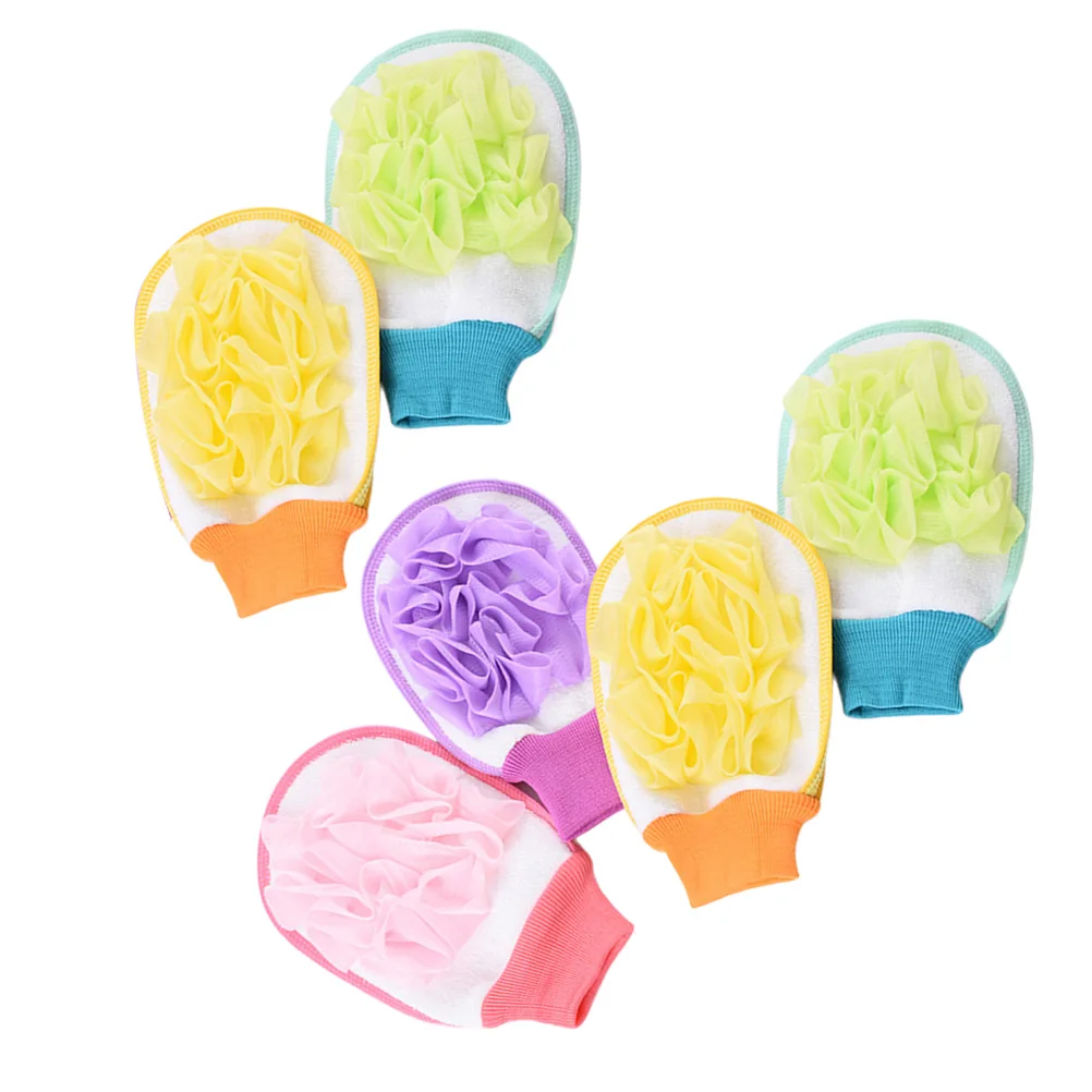 6 szt. Rękawic do kąpieli dwustronnych, z włókna złuszczającego, wygodne w noszeniu, usuwających martwy naskórek, zapobiegających zapychaniu się porów i trądzikowi pod prysznic.