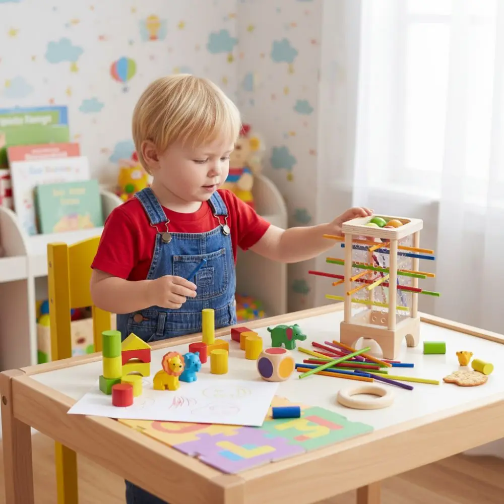 4-stronna drewniana gra z patyczkami, kolorowe patyczki, edukacyjna gra z wybieraniem patyczków, klasyczna gra drewniana na rozwój motoryki małej, gra w równowagi.