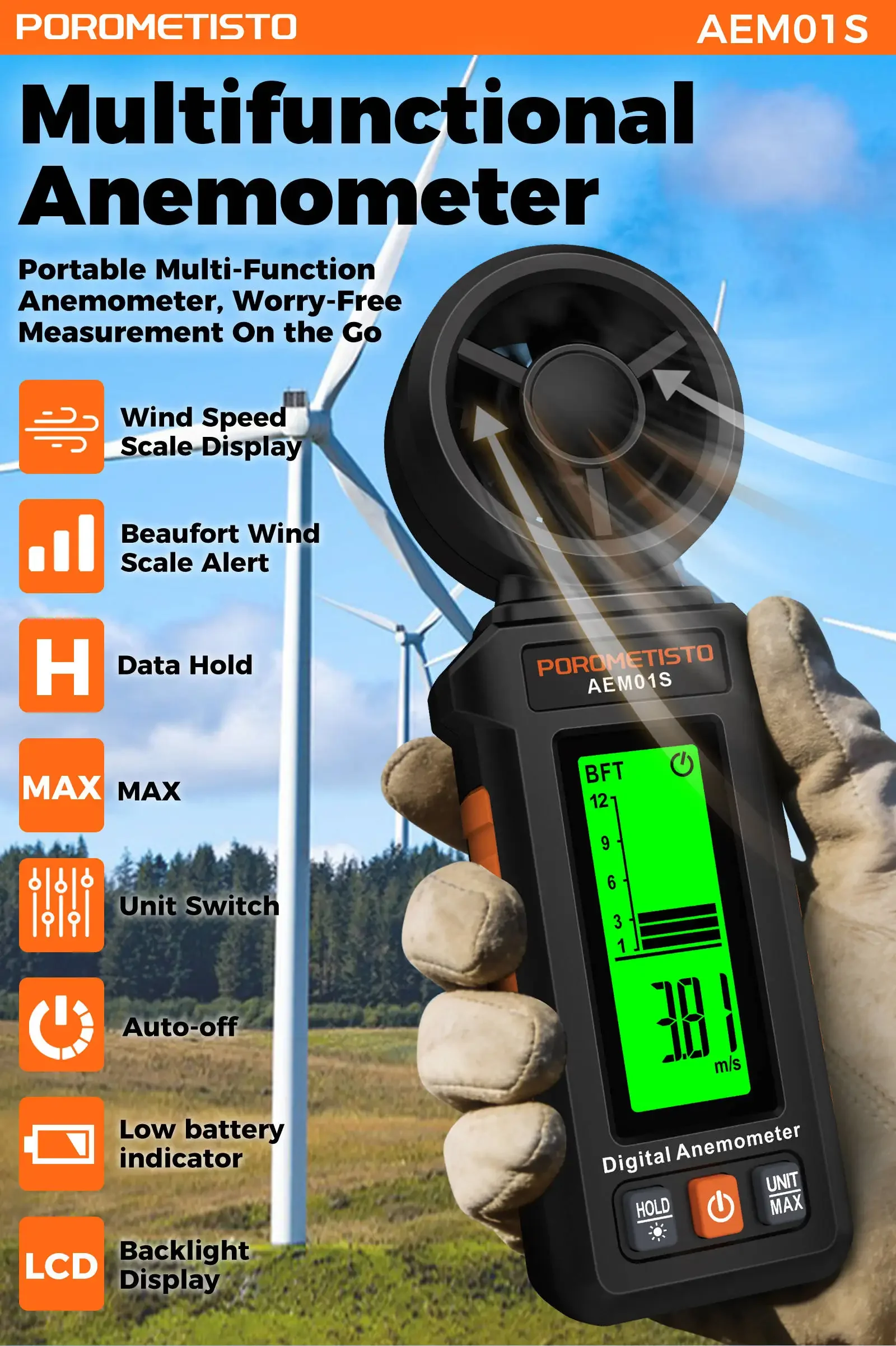 Digitales Anemometer 0,4~30,00 m/s Handgehaltenes Windgeschwindigkeitsmessgerät Luftgeschwindigkeit Luftstromrate mit LCD-Hintergrundbeleuchtung CFM CMM CMS Messwerkzeug – Detail 17