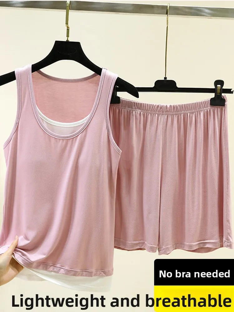 

Modal Summer Sleepwear Set Women's round Neck Sleeveless Vest with Chest Pad Yoga Sportswear plus Size Home Clothes