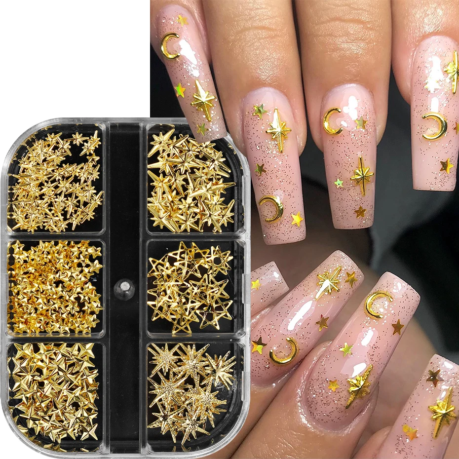 6 Sztuk Ozdób do Paznokci w Kształcie Gwiazd, Metalowe Gwiazdki, Zawieszki, Biżuteria do Paznokci, Nity, Akcesoria ze Stopu, Materiały do Manicure