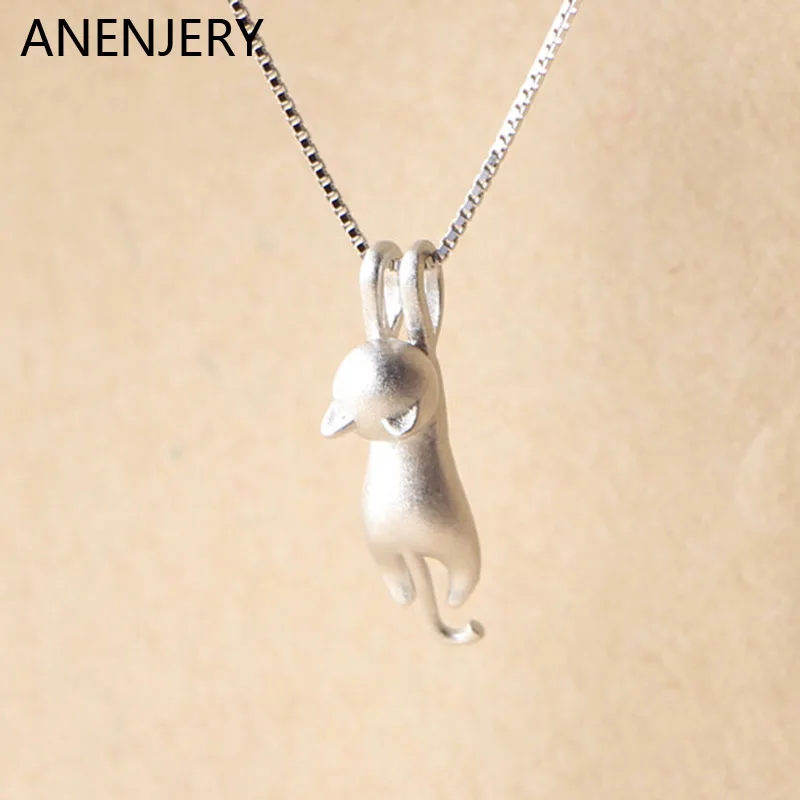 ANENJERY Silver Color Fashion Cute Wire Drawing Cat Pendant Necklace Clavicle Chain Necklace For Girls Gifts Dropshipping S-N166