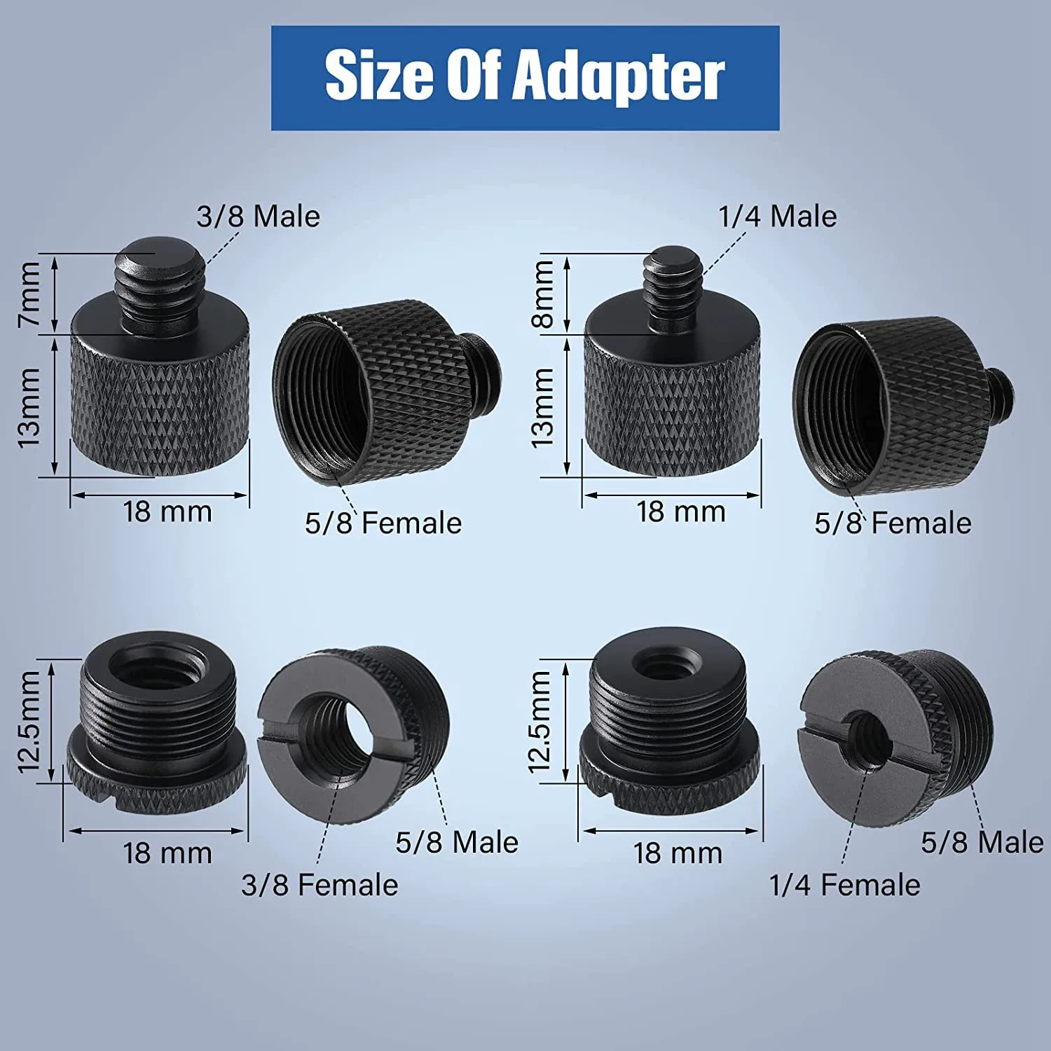 Juego de adaptadores de rosca de soporte de micrófono, 8 piezas, 5/8 hembra a 3/8 3/8 macho y hembra a 5/8 macho