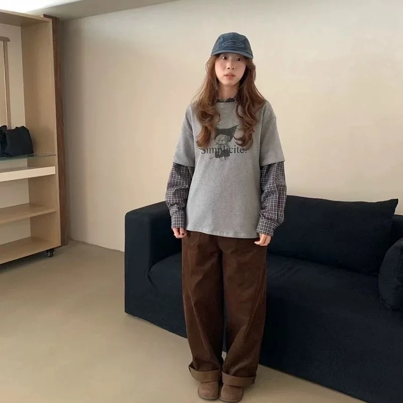 

Pure Cotton round Ne T-irt Vintage Sketch Cute Sle Color Sweat Absorbent Casual Loose Fit Long Sve Women's Top