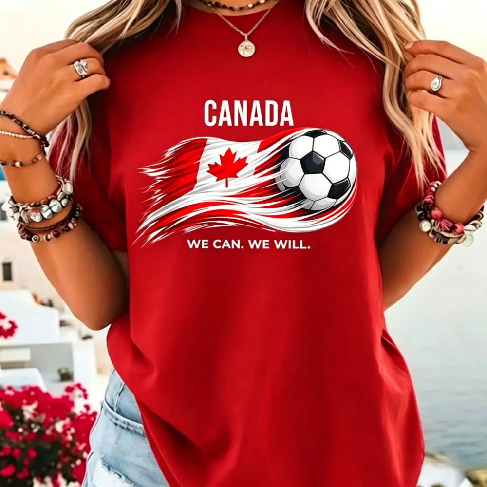 Canada Soccer We Can We Will Shirt Canadian Flag Maple Leaf Graphic T-Shirt Soccer Part Supplies Clothing Men Women Cotton Tops