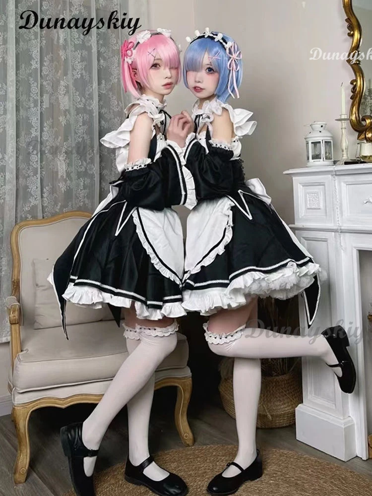 Ram Rem Cosplay Re:zero Kara Hajimeru Isekai Seikatsu Black Costume Girls Maid Outfit Women Apron Dress Halloween Costumes