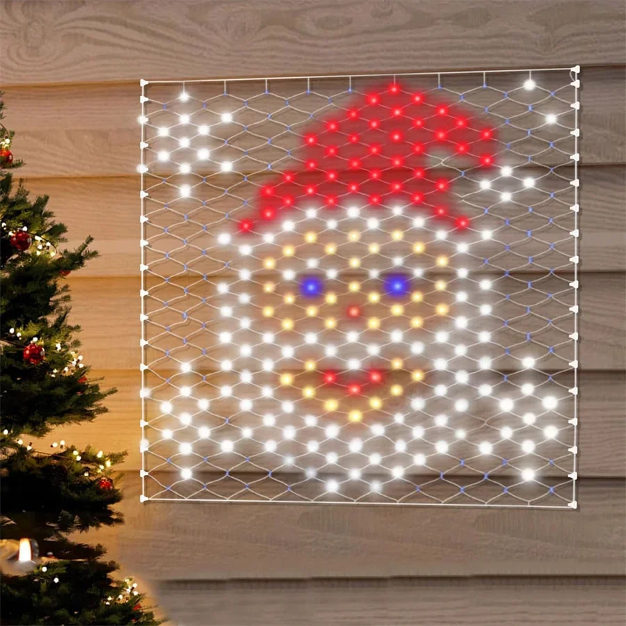 Lumières extérieures de filet de bonhomme de neige de Noël, lumière de rideau de maille, lumière dégradée, décoration murale, 8 modes, 320 LED, 3,9 pi x 4,3 pi