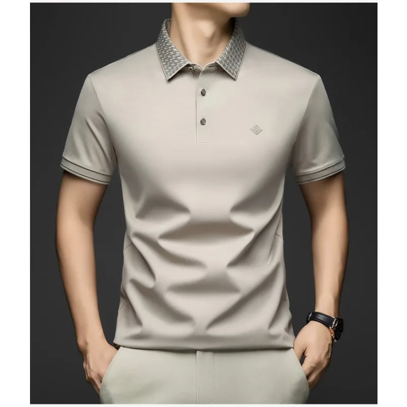 Men's Polo Shirts Short Sleeve Business Casual T Shirt Silk Cotton Classic Fit Striped Polo for Men