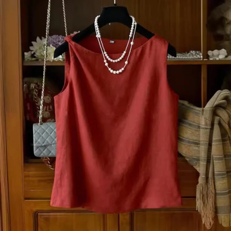 

New Shoulder Red Linen Sleeveless Vest Top