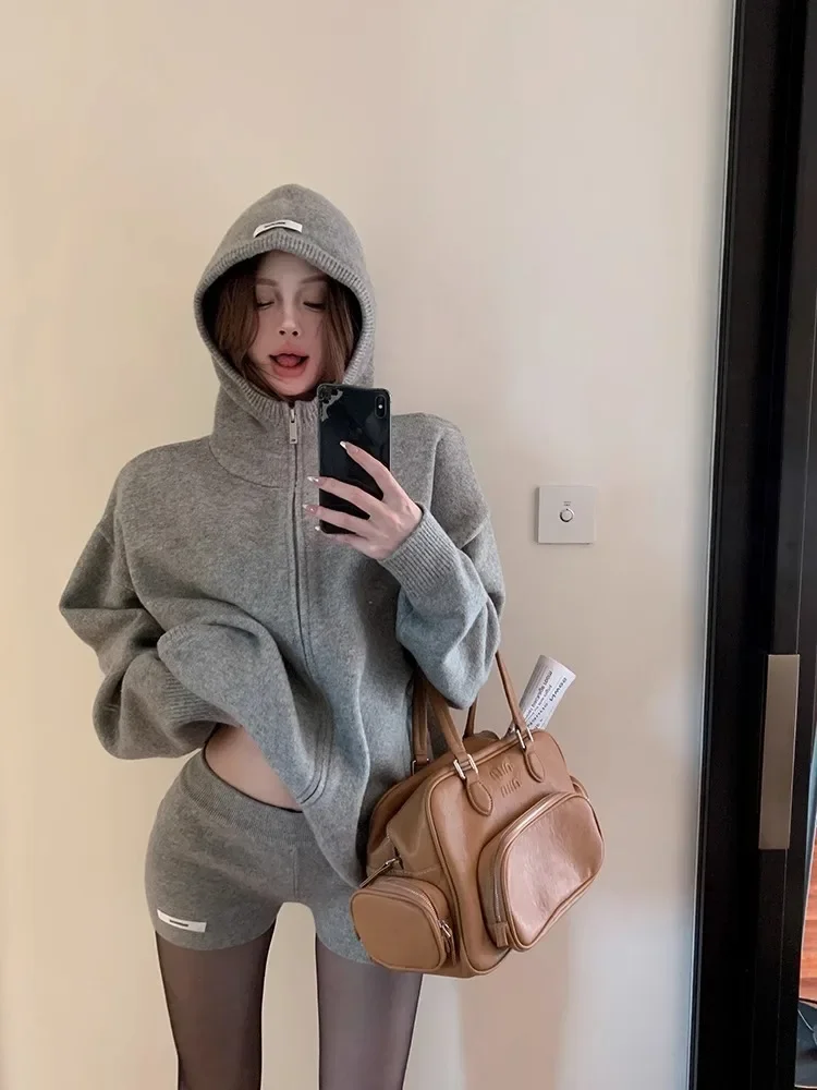 Y2k American Grey Hot Girls Retro Knitted Zipper Hoodie Women's High Waist Shorts Two-Piece Korean Fashion Loose Sweatshirt Suit