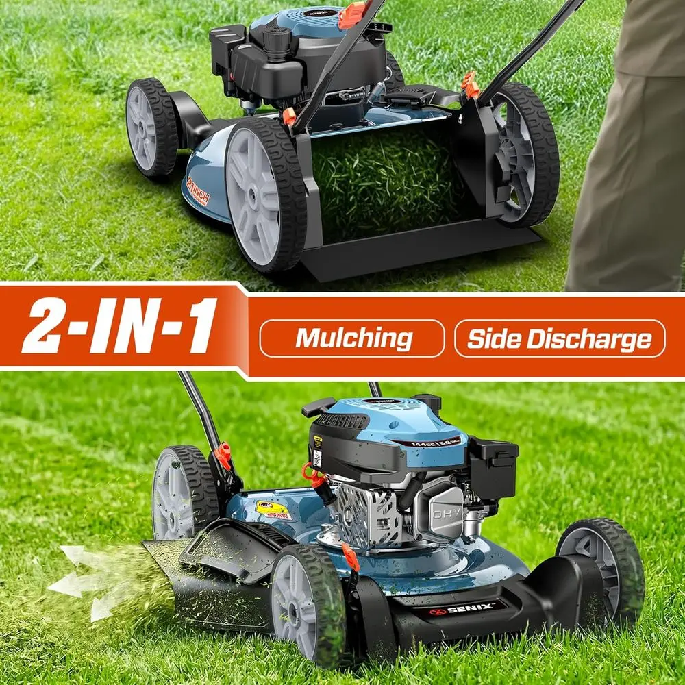 144 cc Gas Lawn Mower, 21 inch 2-in-1 Push with Mulching and Side Discharge, 4-Cycle Engine, 6 Position Cutting Height Adjusent