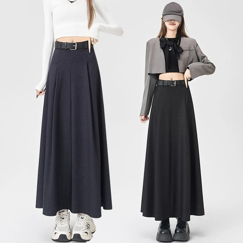 

Autumn High Waist Vintage Black Women's Umbrella A-line Skirts 2025 New Korean Office Casual Loose Pleated Long Skirts Female