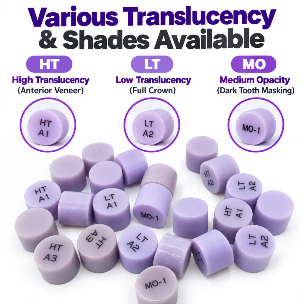Dental Lithium Disilicate Press Glass Ceramic Ingots Blocks Pressing for Ultra-thin Veneer MO/HT/LT Restoration Materials