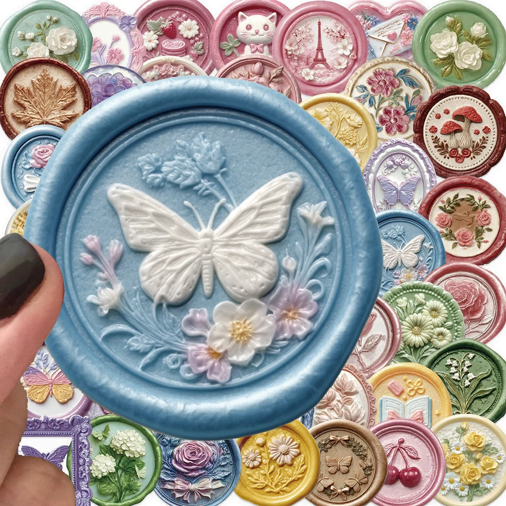 10/30/50pcs Cartoon Flower Butterfly Embossed Seal Aesthetic Transparent Stickers DIY Phone Case Notebook Kawaii Pattern Decal