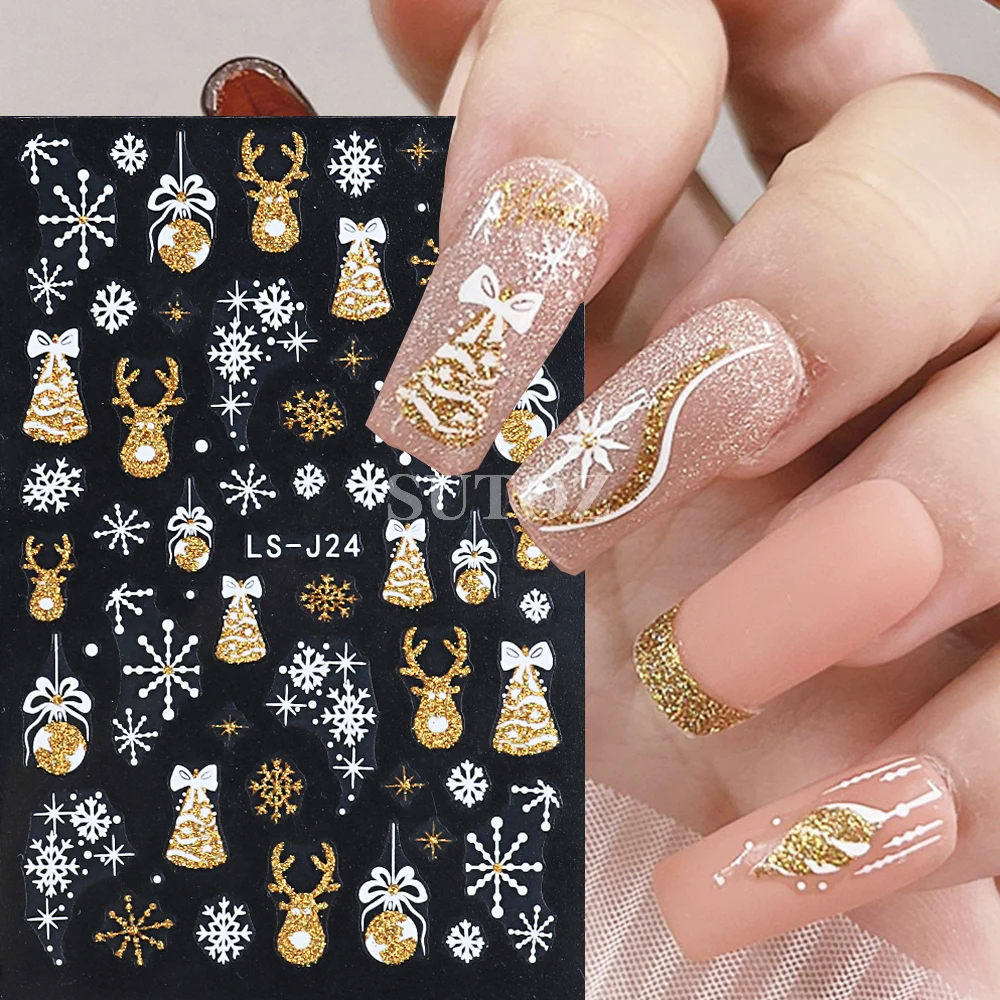 3D Reflective Christmas Nail Art Stickers Gold Elk Bells Snowflake Lanterns Nail Sliders Stripe Manicure Decor Wraps LEBLS-J24