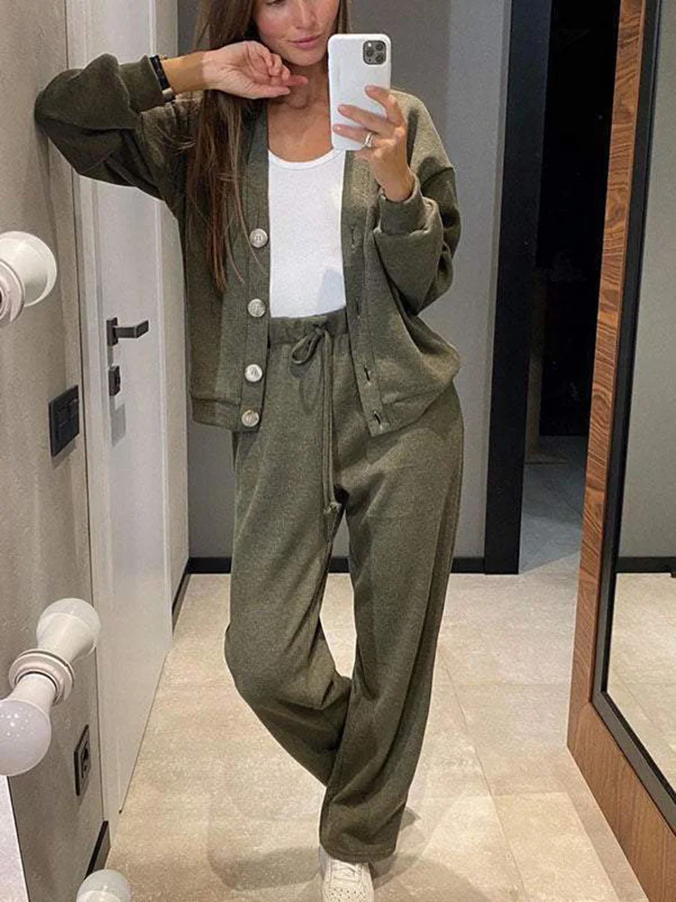 Women Jacket Cardigan Sweatpants 2pcs Sets 2024 Autumn Winter Fashion Solid Color Drawstring Elastic Waist Wide Leg Trousers Set