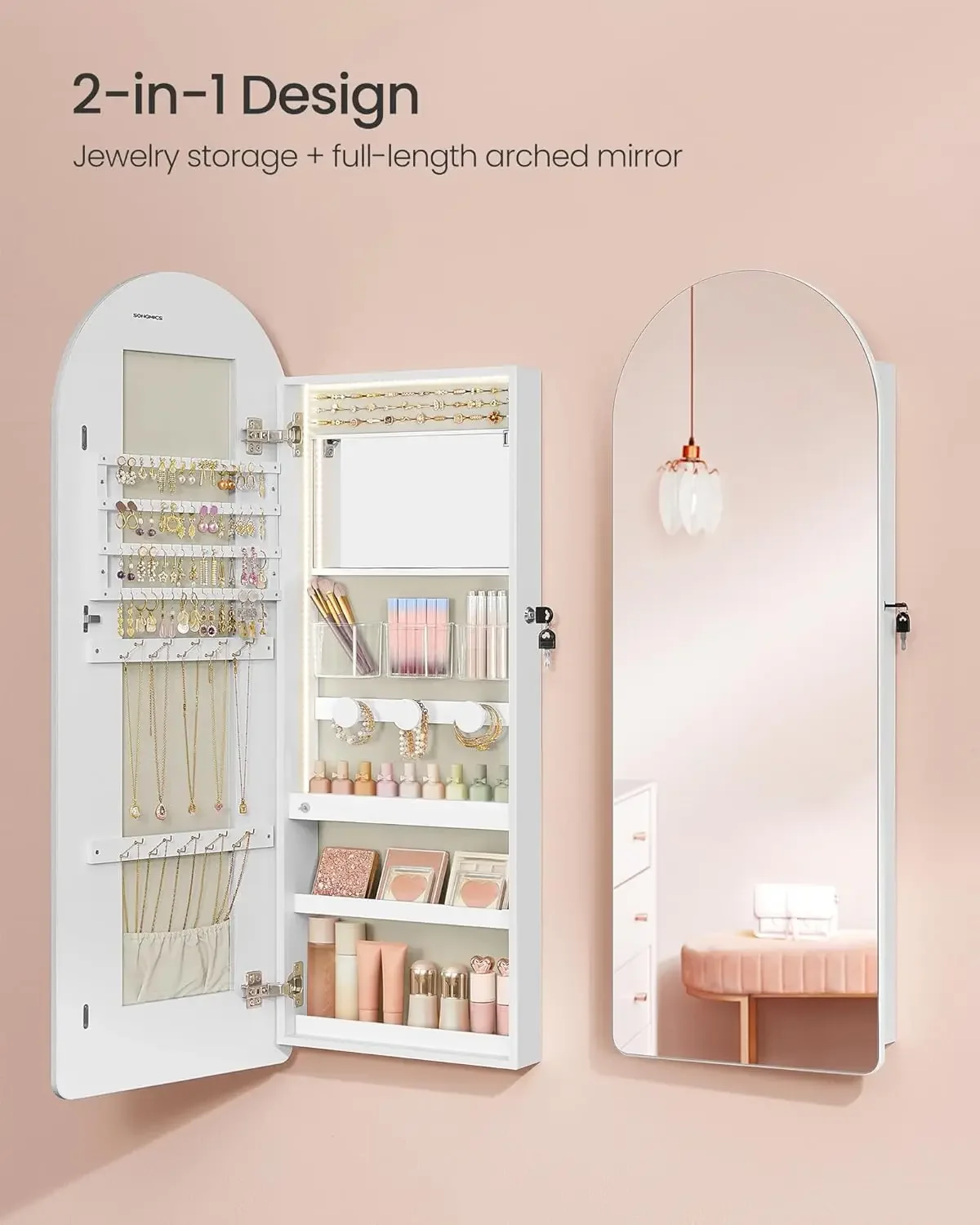 Wide Jewelry Organizer, LED Jewelry Cabinet Wall/Door Mounted, Arched Mirror with Storage, Lockable, Rounded Corner