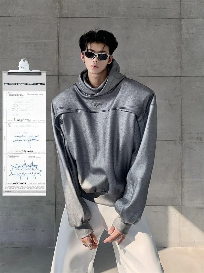 Ace Tailors Heavyweight Hoodie Men's Fashion Deconstructed Design Loose Fit Cotton Polyester Blend Anti-Wrinkle Treatment