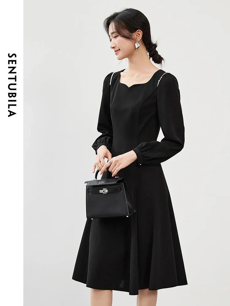 SENTUBILA French A Line Black Dress for Women 2024 Autumn Pearl Woven Tape Folds Long Sleeve Elegant Women Dress 143L56684