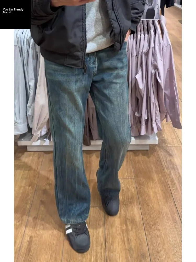 

Retro Blue Lightning Pattern Men's Jeans Slim Straight High Waist Casual Faionable Straight Leg Knife Jeans