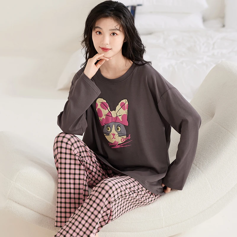 Cat Pajamas Set Women Pink Plaid Cute Kawaii Long Sleeves Long Pants Autumn Winter Soft Pijamas Cozy Sleepwear Girls Pyjamas Pjs