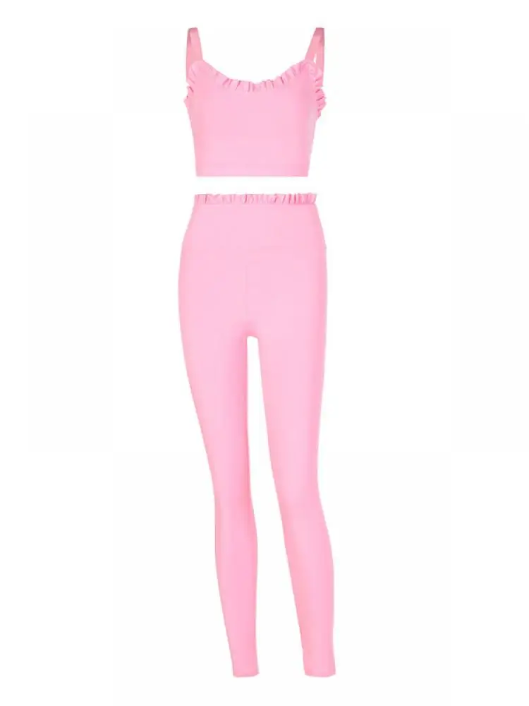 

Gymdolphins 2026 Summer New Women's Pink Ruffle Trim Cami Top & High Waisted Leggings Two Piece Set Cute Loungewear Pant Sets