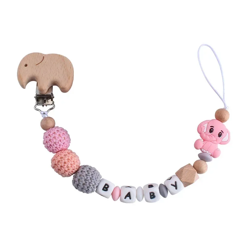 Personal isierter Name Baby Schnuller Clips Cartoon Kleinkind Schnuller Zubehör Elefant Dummy Clip Neugeborenen Beiß spielzeug Kau geschenk