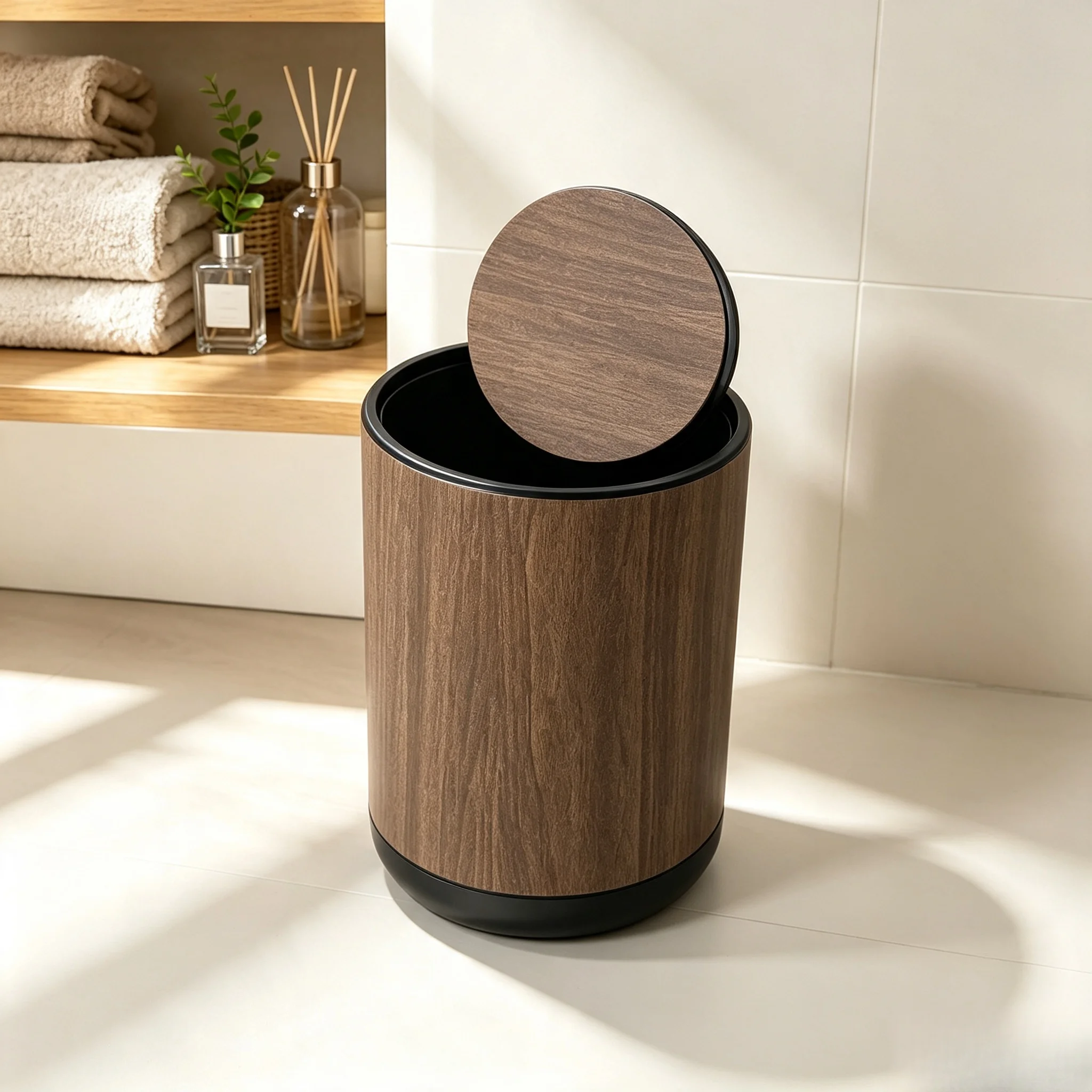 Wood Grain Swing Lid Trash Can with Removable Inner Bucket