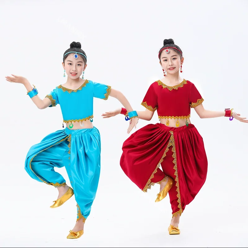 

Hot Sale Girls Belly Dance Set Halloween Performance Indian Dance Top+Pants Arabic Princess Dress Girl Aladdin Cosplay Dress