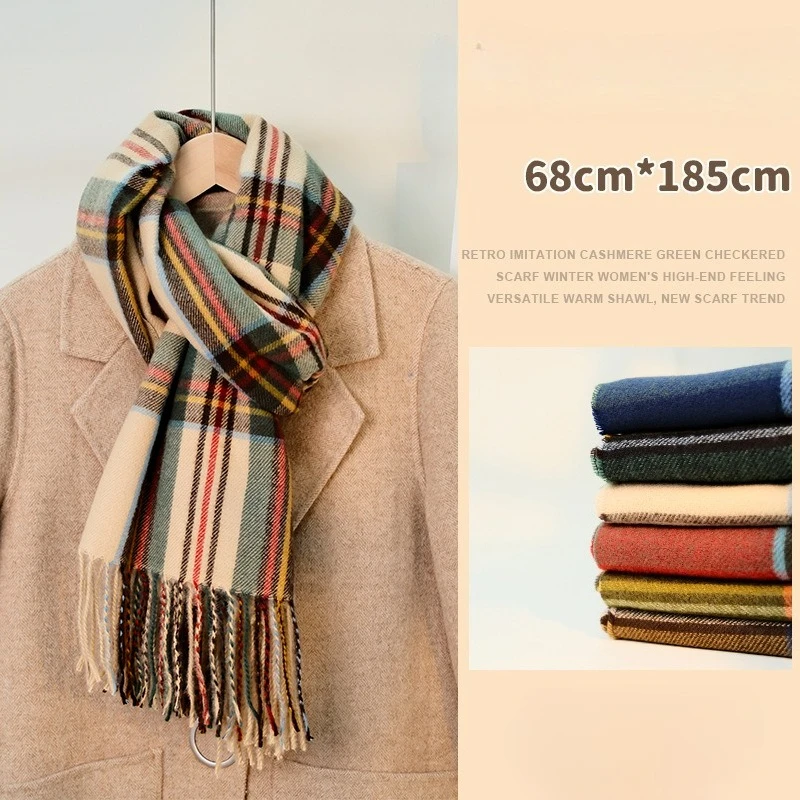 

Korean Style Cashmere Tassel Scarf Women's Winter With Classic Plaid Thicken Student Long Shawl Lovers Neck Thicken to Keep Warm