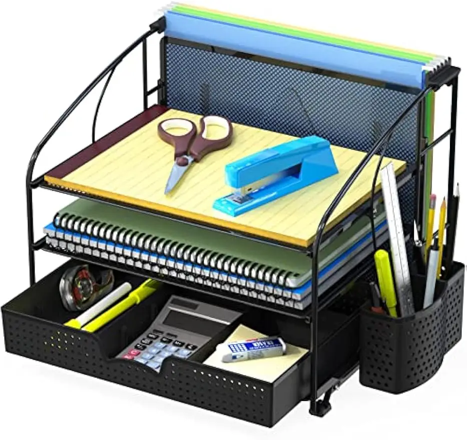 

3-Tier Desk Organizer with Sliding Drawer, File Holder & Pen Holder, Black - Efficient Office Storage