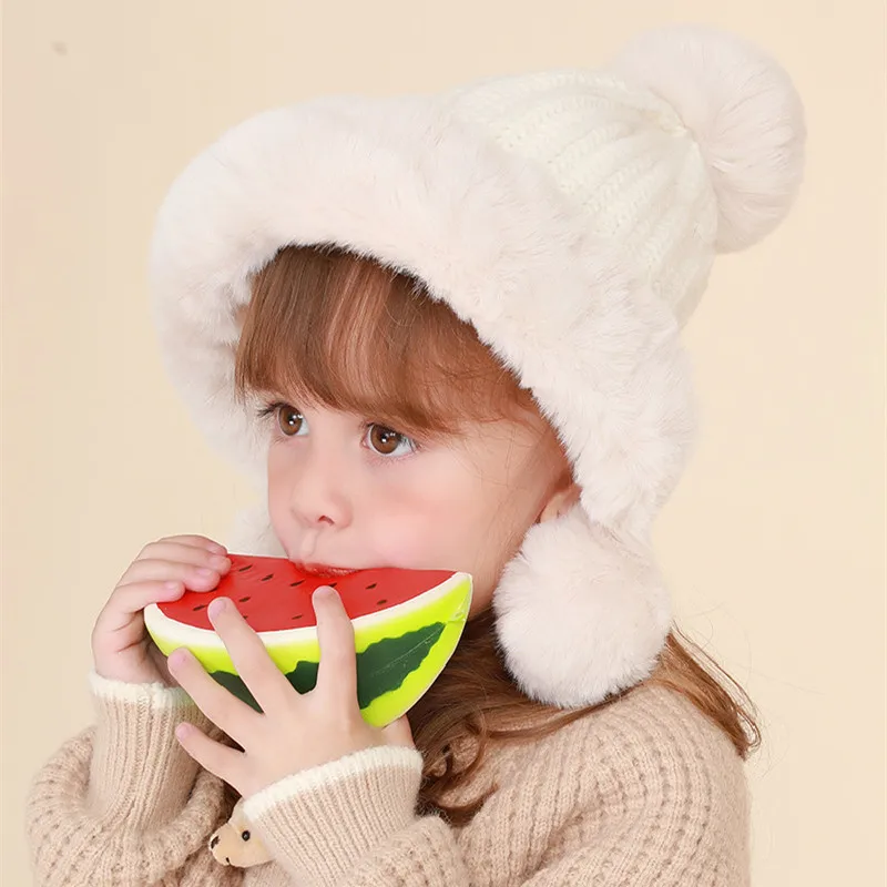 

Winter Children's Cute Hats Cashmere Thickend Warm Boys and Girls 3-12 Years Old Outdoor Windproof Ear Cover Ski Pompoms Hats