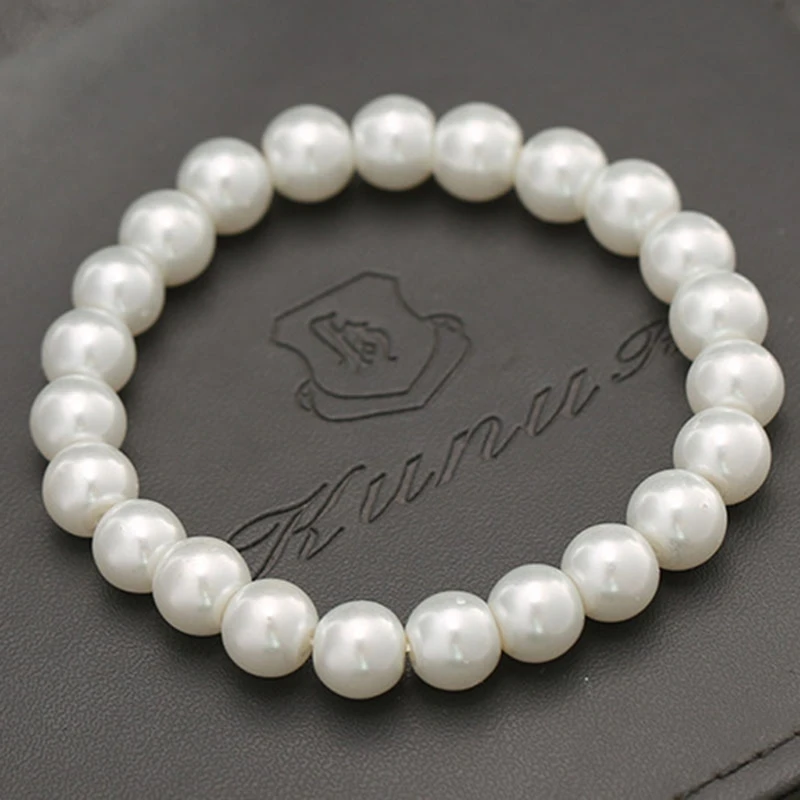 2x 8mm Faux Pearls Elastic Bracelet Imitation Pearls Elastic Bracelets Jewelry