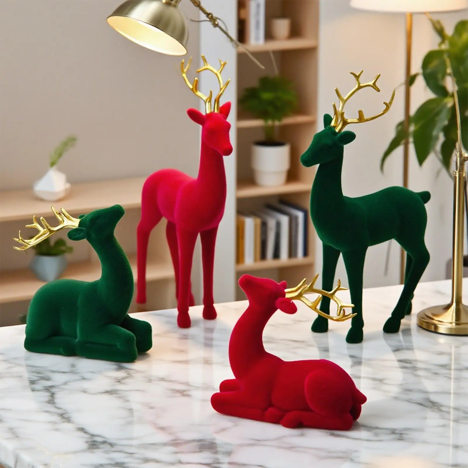 Christmas Deer Flocking Deer Statue Red Green Elk 2 Pieces Aesthetic Standing Sitting Statue For Nursery Bedside Table Living