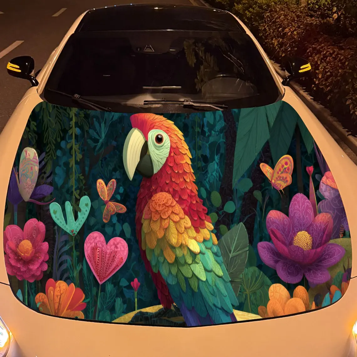 活気のあるオウムと花柄の車のボンネットステッカー - 自己粘着性、防水性、耐久性のあるビニールラップ、車を飾り、保護します。