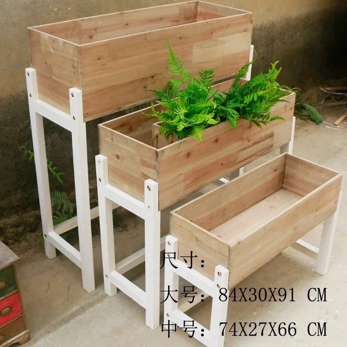 Mesa de flores pastoral de madera con soporte para flores, maceta grande de partición, espacio de diseño para almacenar retro
