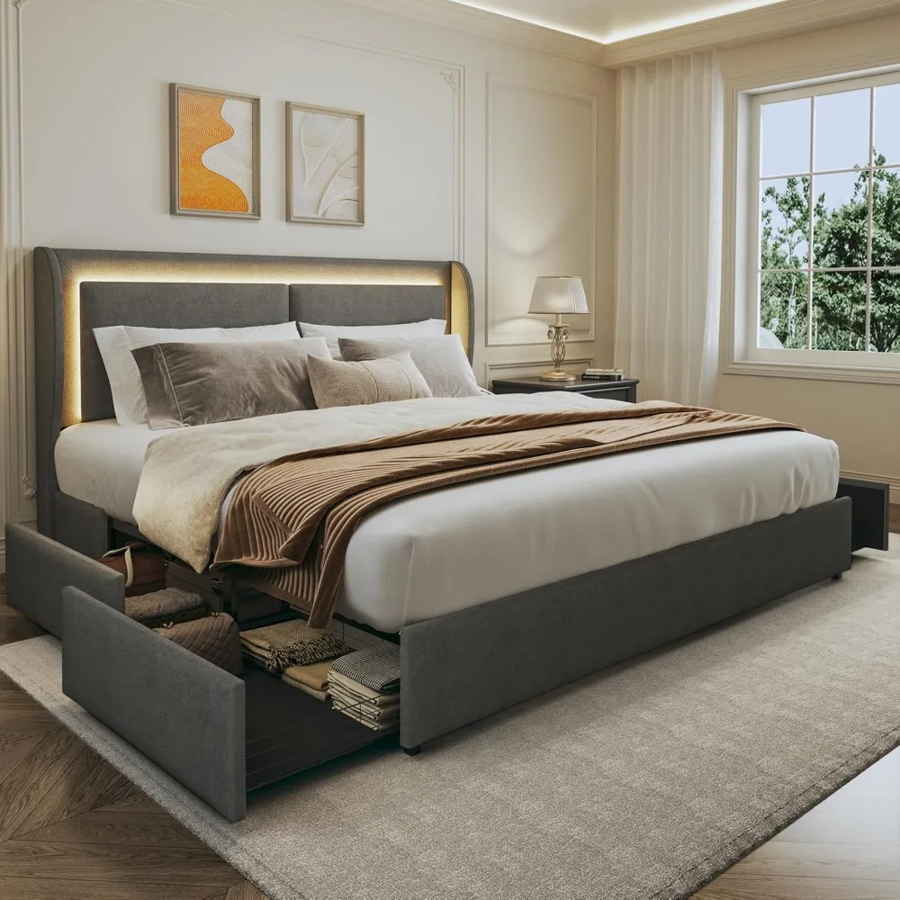 

Bed Frame, Wingback Headboard, Upholstered Platform Beds Frames with Drawers, LED Bed Frame