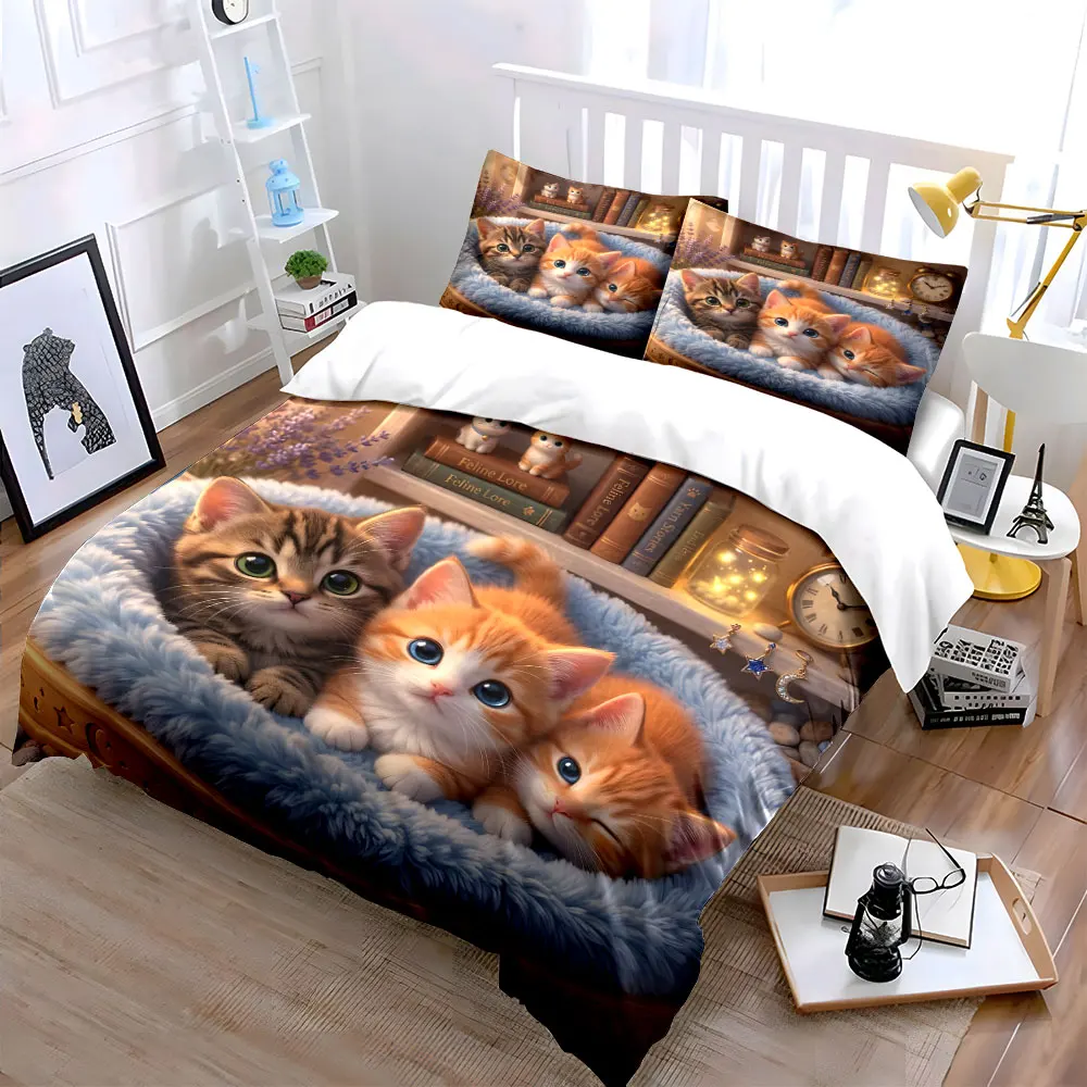 Three adorable kittens resting in basket Pattern Duvet Cover Set Digital Print Colorful Polyester Bedding with Zipper Closur