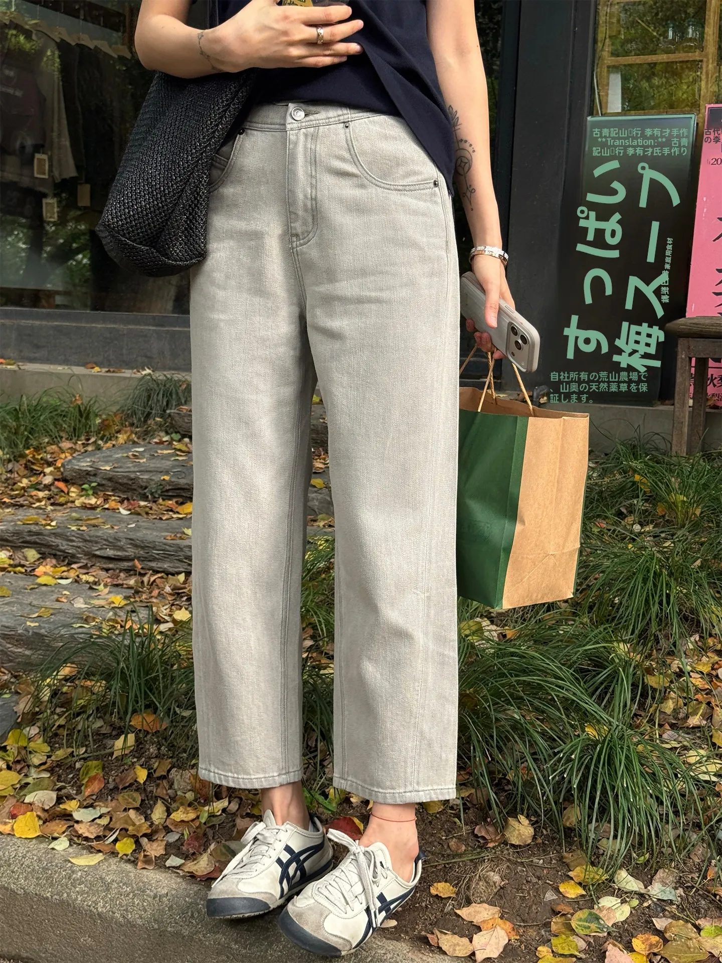 

Джинсы Langqing Tong Grey Sandstone Denim прямого кроя, тонкие, летние, новая модель, укороченные, с естественной талией, из смесового хлопка, женские